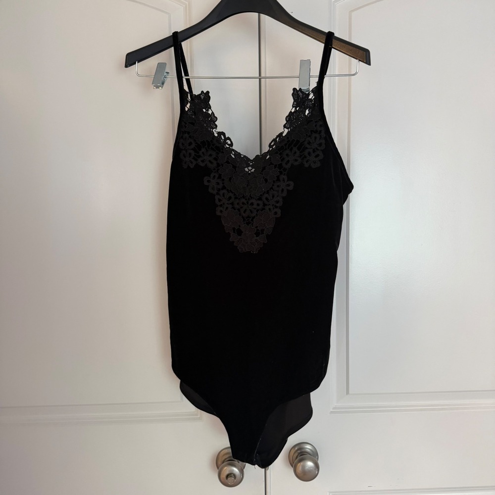 Womens Black Velvet Lace Trim Bodysuit V-Neck Spaghetti Strap Large